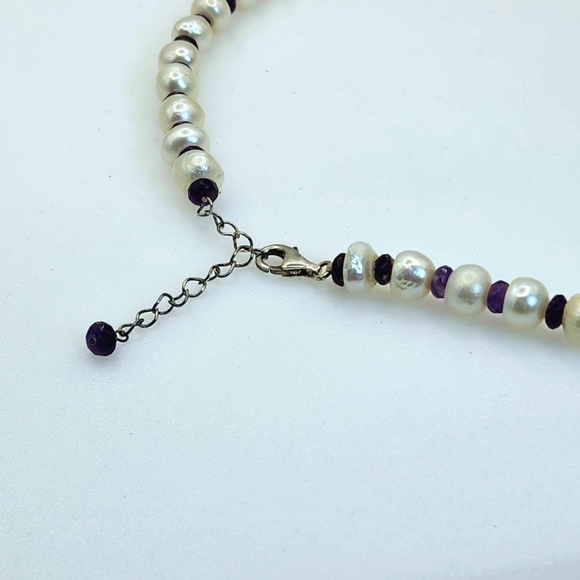 REAL Baroque Pearl and Amethyst Necklace with Sterling Silver Adjustable Li… - Picture 3 of 7